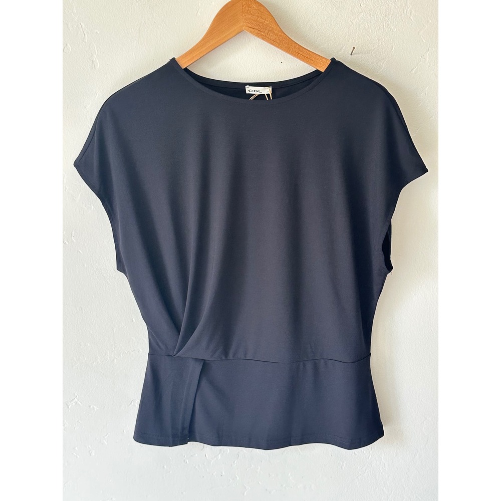 OGL Ponte Relaxed Round Neck Tucked Top Navy Black Cap Sleeve Top Size Large - Picture 2 of 6